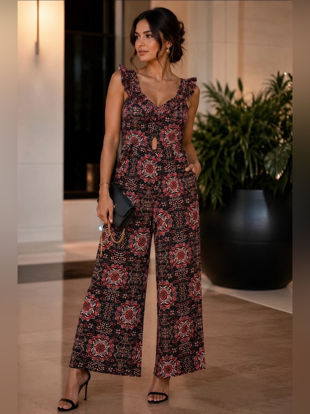 Xhilaration Black and Red Floral Keyhole Wide-Leg Jumpsuit